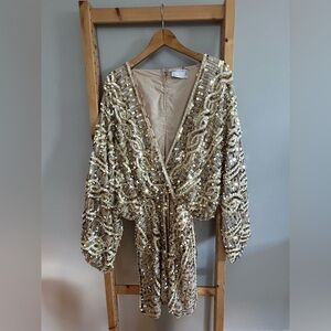 ASOS Gold, Silver & Pearl Sequined & Beaded Deep V-Neck Kimono Mini Dress Size 6